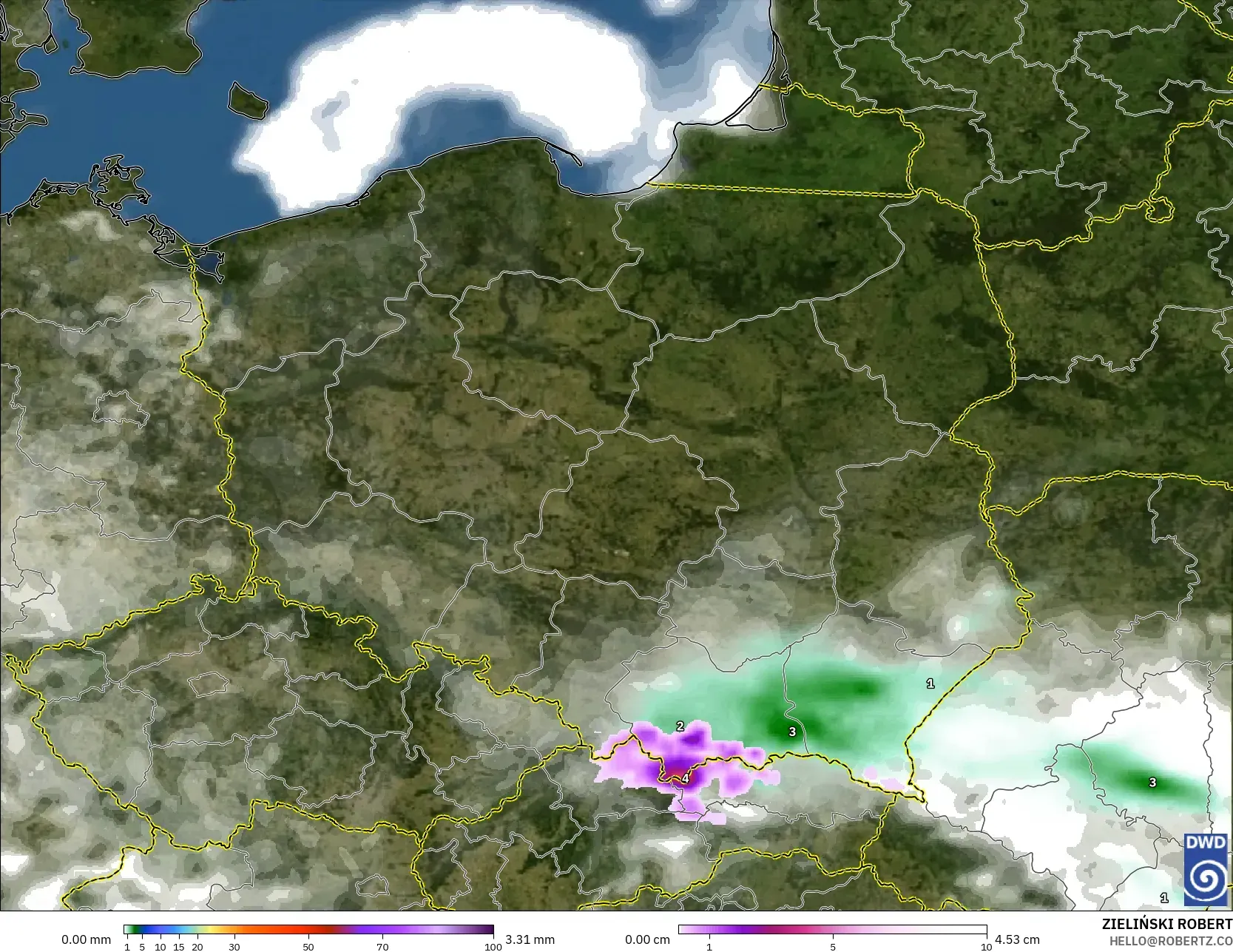 ICON modelo - Polonia, Precipitación, nubes y presión