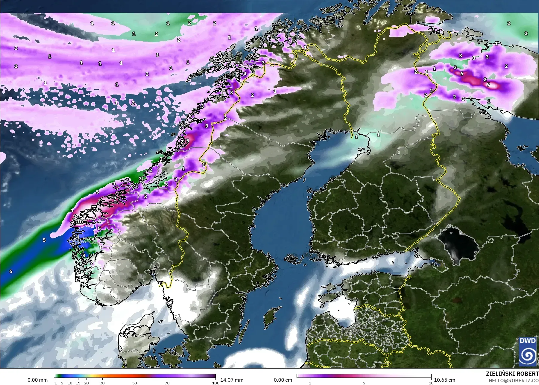 ICON modelo - Escandinavia, Precipitación, nubes y presión