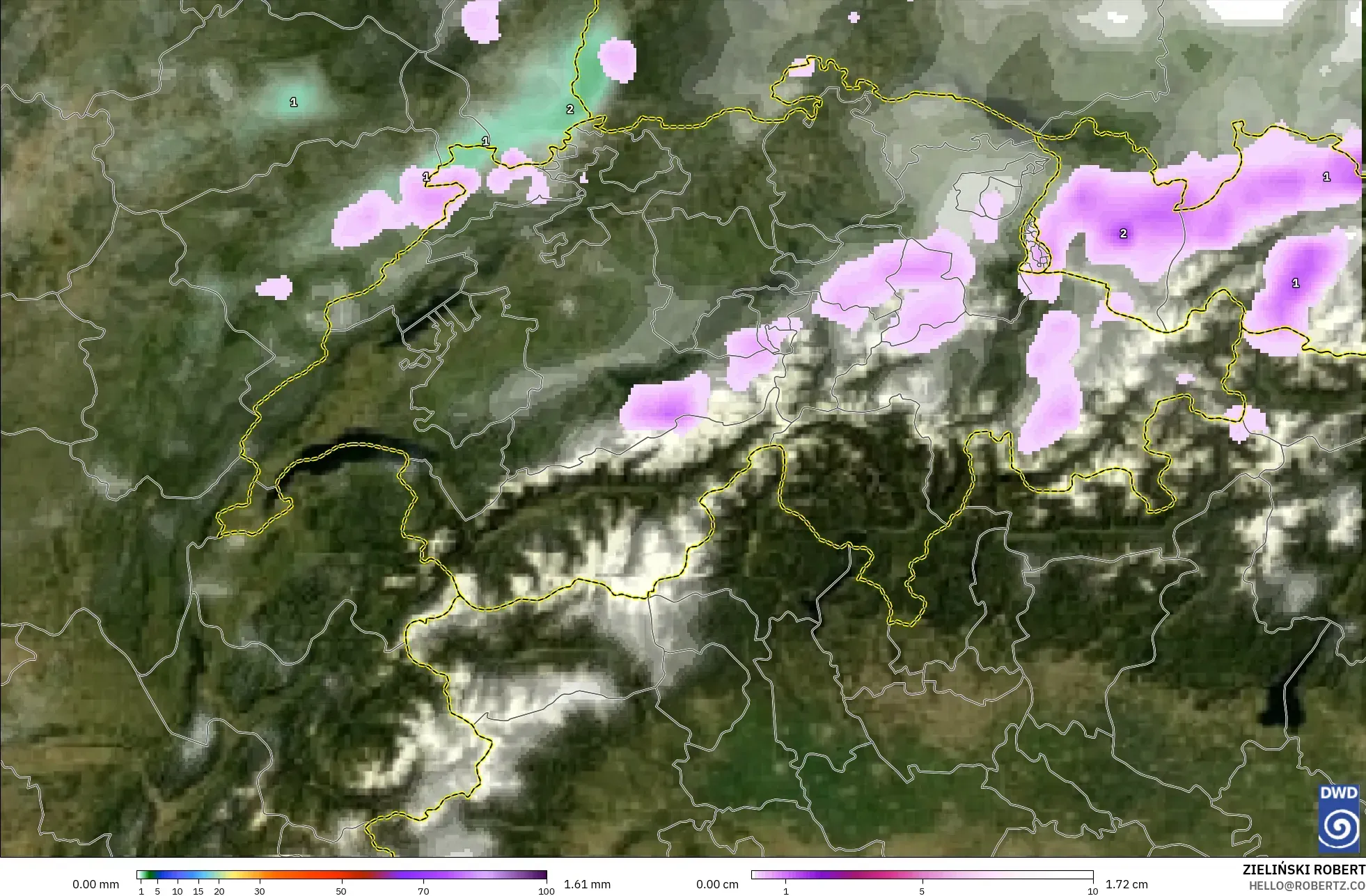 ICON modelo - Suiza, Precipitación, nubes y presión