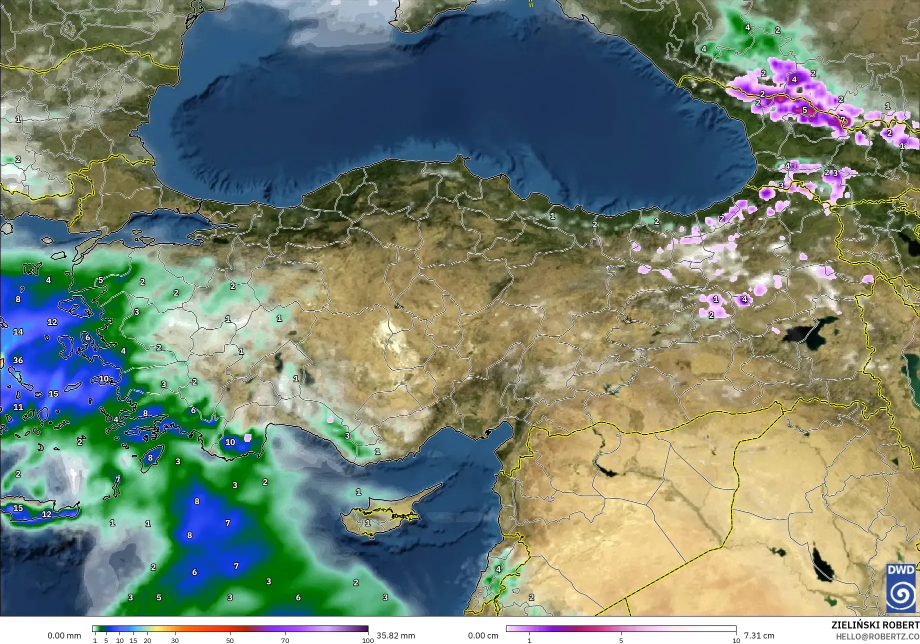 ICON modelo - Turquía, Precipitación, nubes y presión