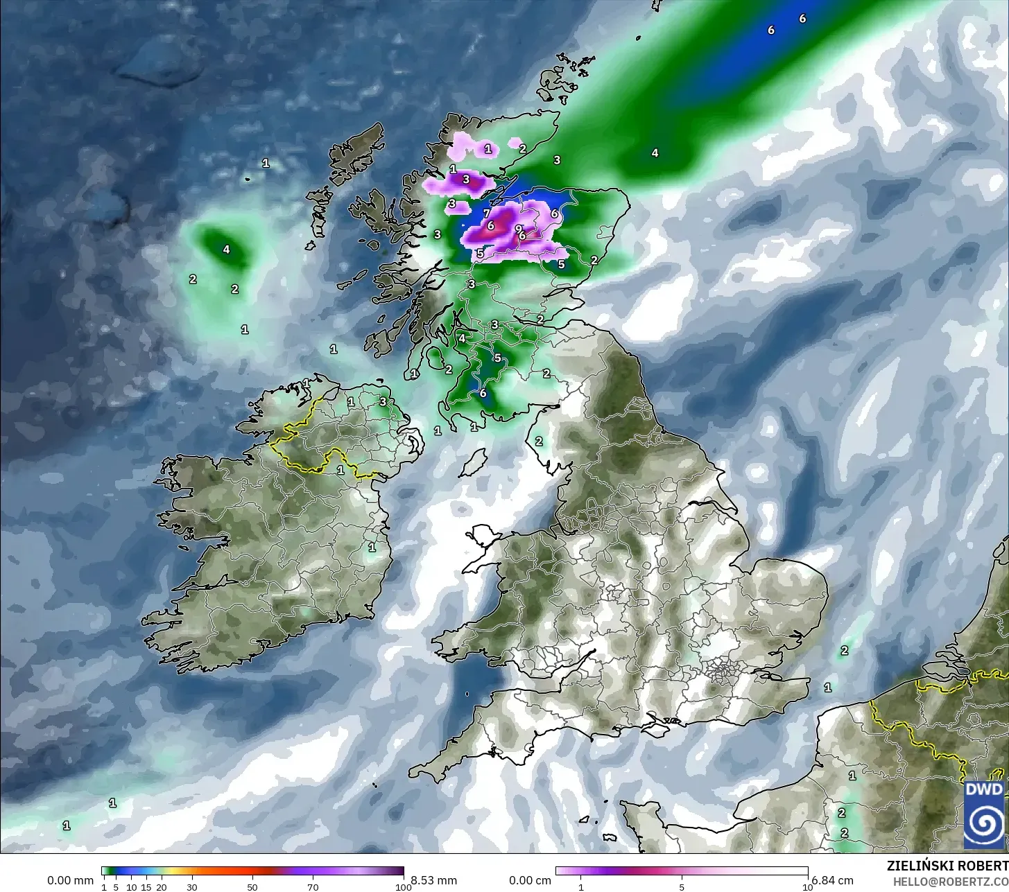 ICON modelo - Reino Unido, Precipitación, nubes y presión