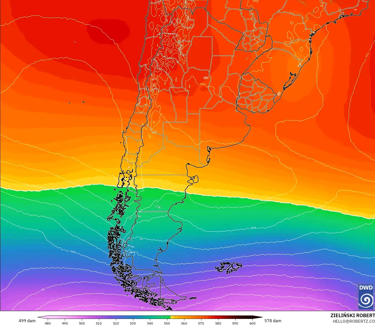 ICON modelo - Argentina, Altura geopotencial a 500 hPa