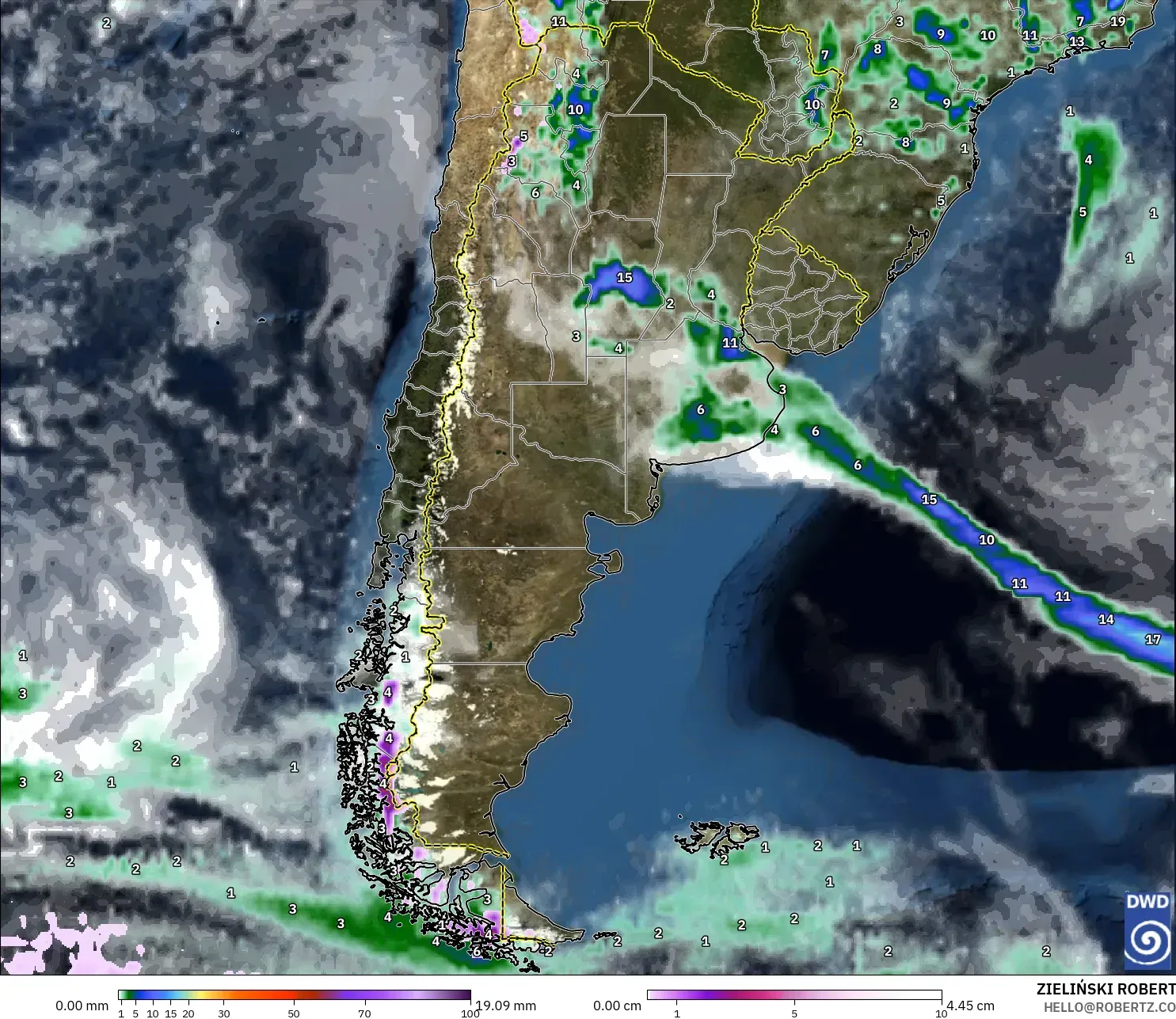 ICON modelo - Argentina, Precipitación, nubes y presión