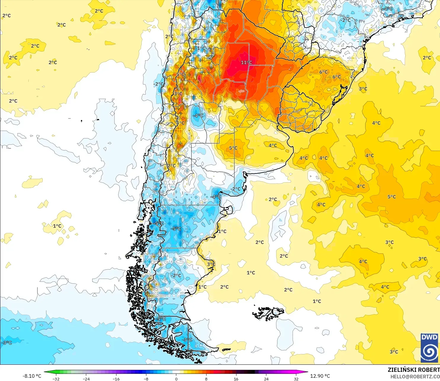 ICON modelo - Argentina, Anomalía de temperatura a 2 m
