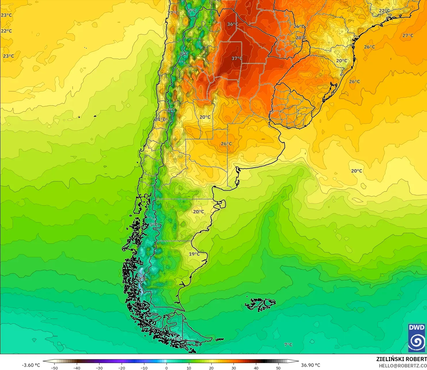 ICON modelo - Argentina, Temperatura a 2 m