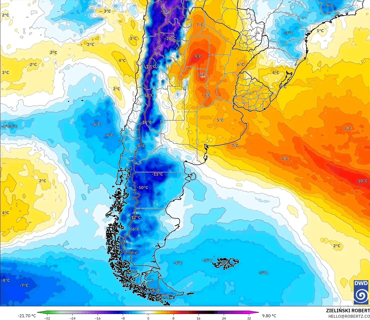 ICON modelo - Argentina, Anomalía de temperatura a 850 hPa