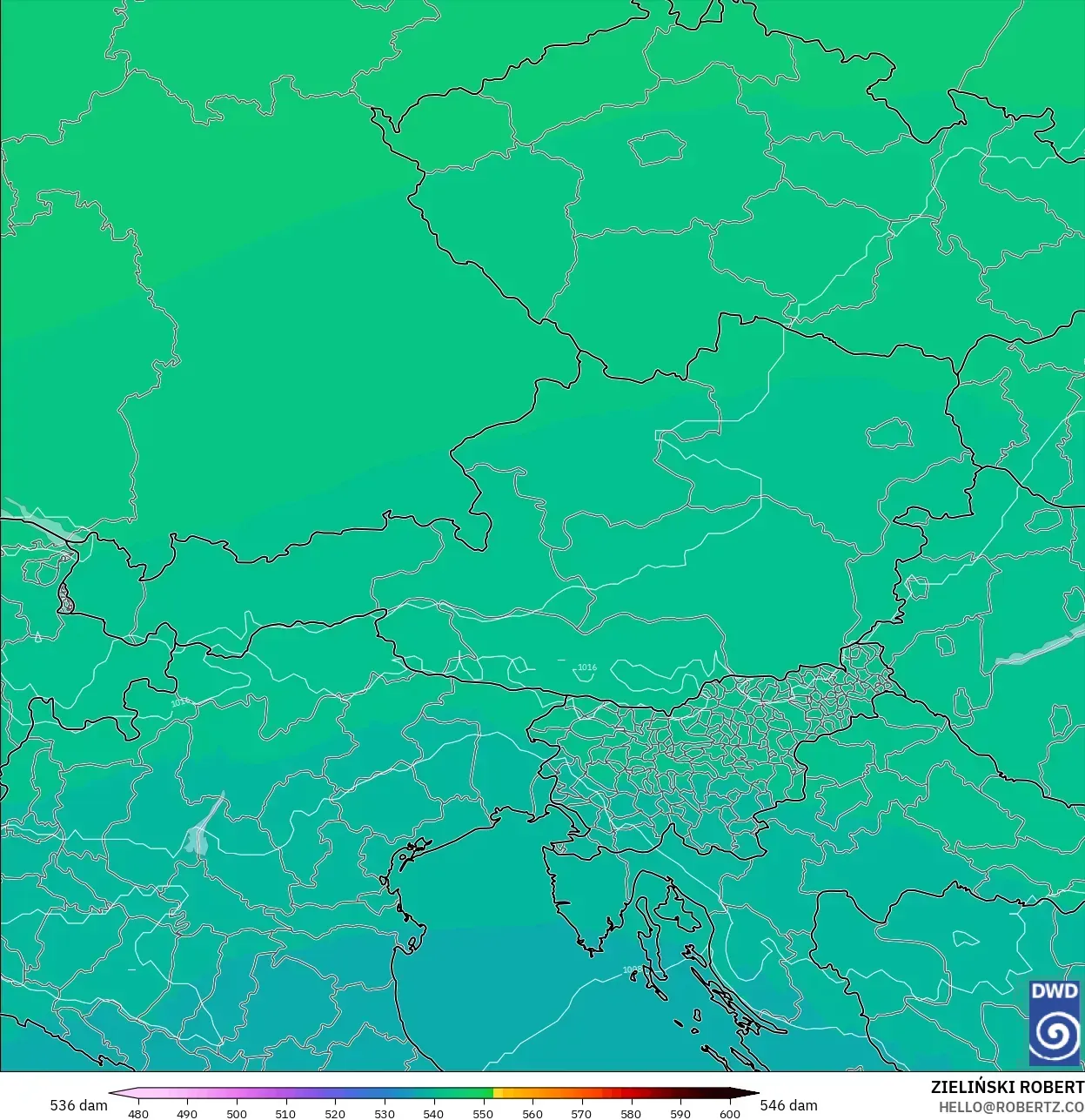 ICON modelo - Austria, Altura geopotencial a 500 hPa
