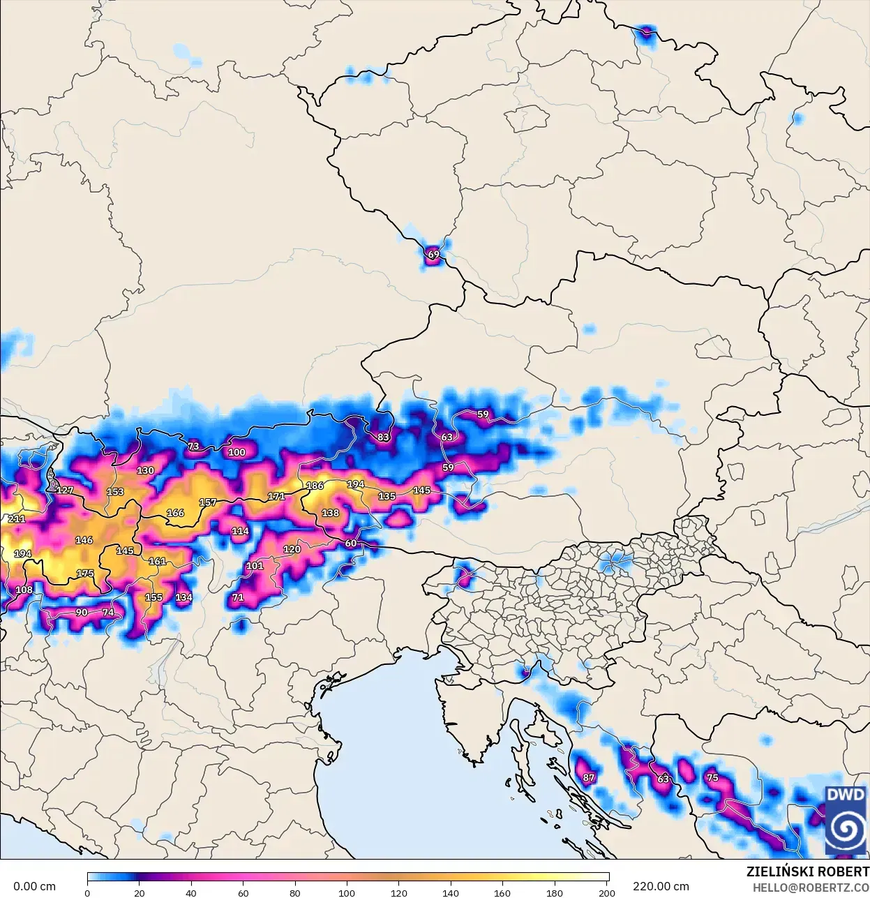 ICON modelo - Austria, Profundidad de nieve