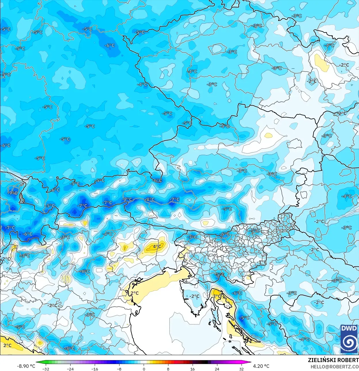 ICON modelo - Austria, Anomalía de temperatura a 2 m