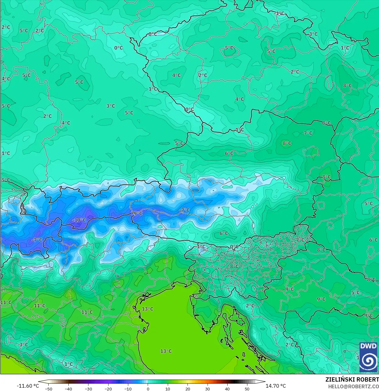 ICON modelo - Austria, Temperatura a 2 m