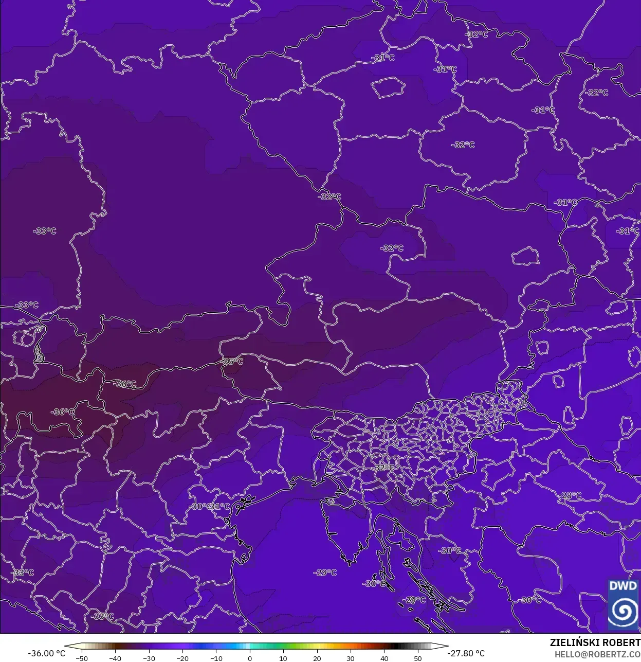 ICON modelo - Austria, Temperatura a 500 hPa