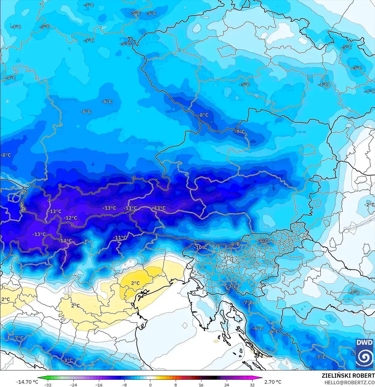 ICON modelo - Austria, Anomalía de temperatura a 850 hPa