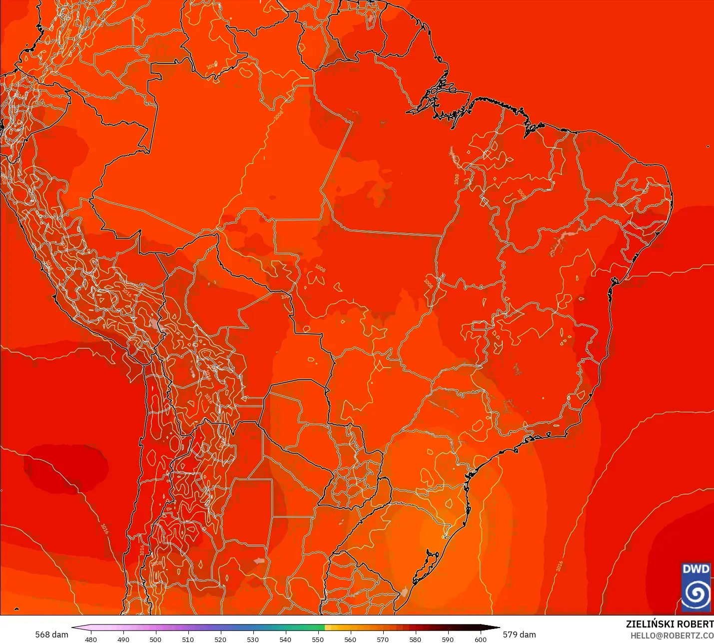 ICON modelo - Brasil, Altura geopotencial a 500 hPa