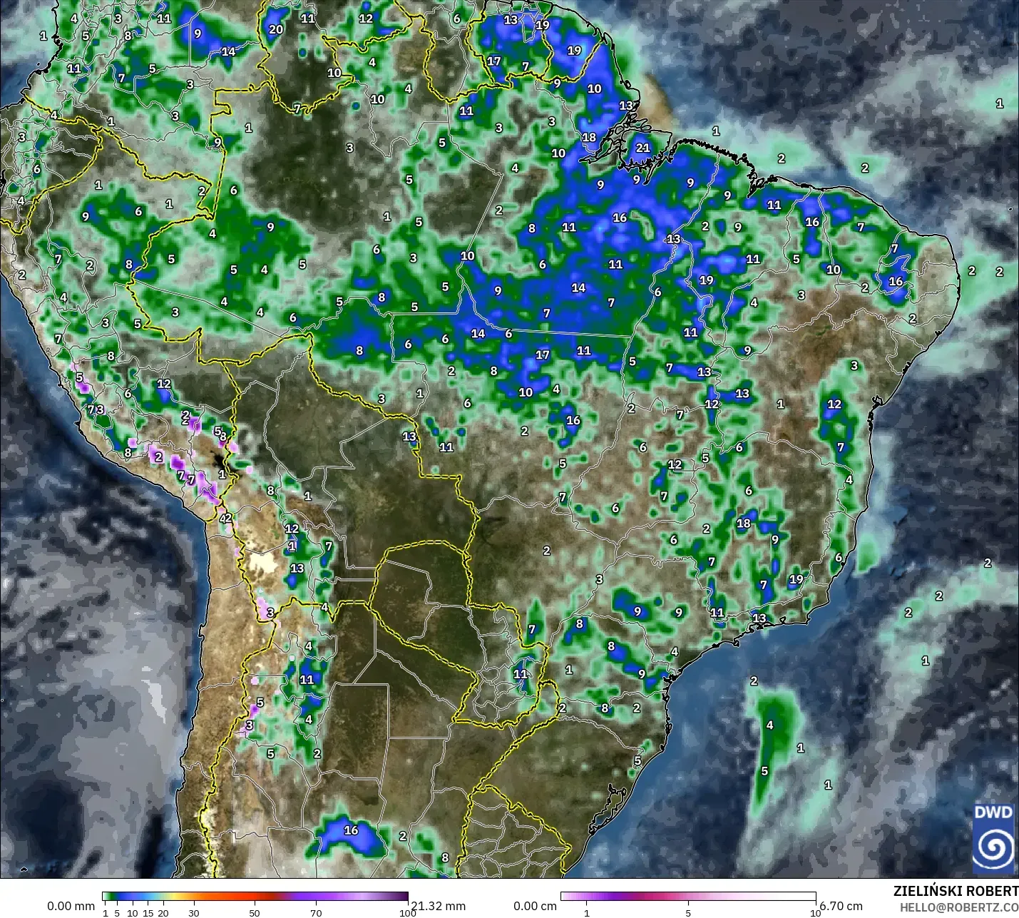 ICON modelo - Brasil, Precipitación, nubes y presión