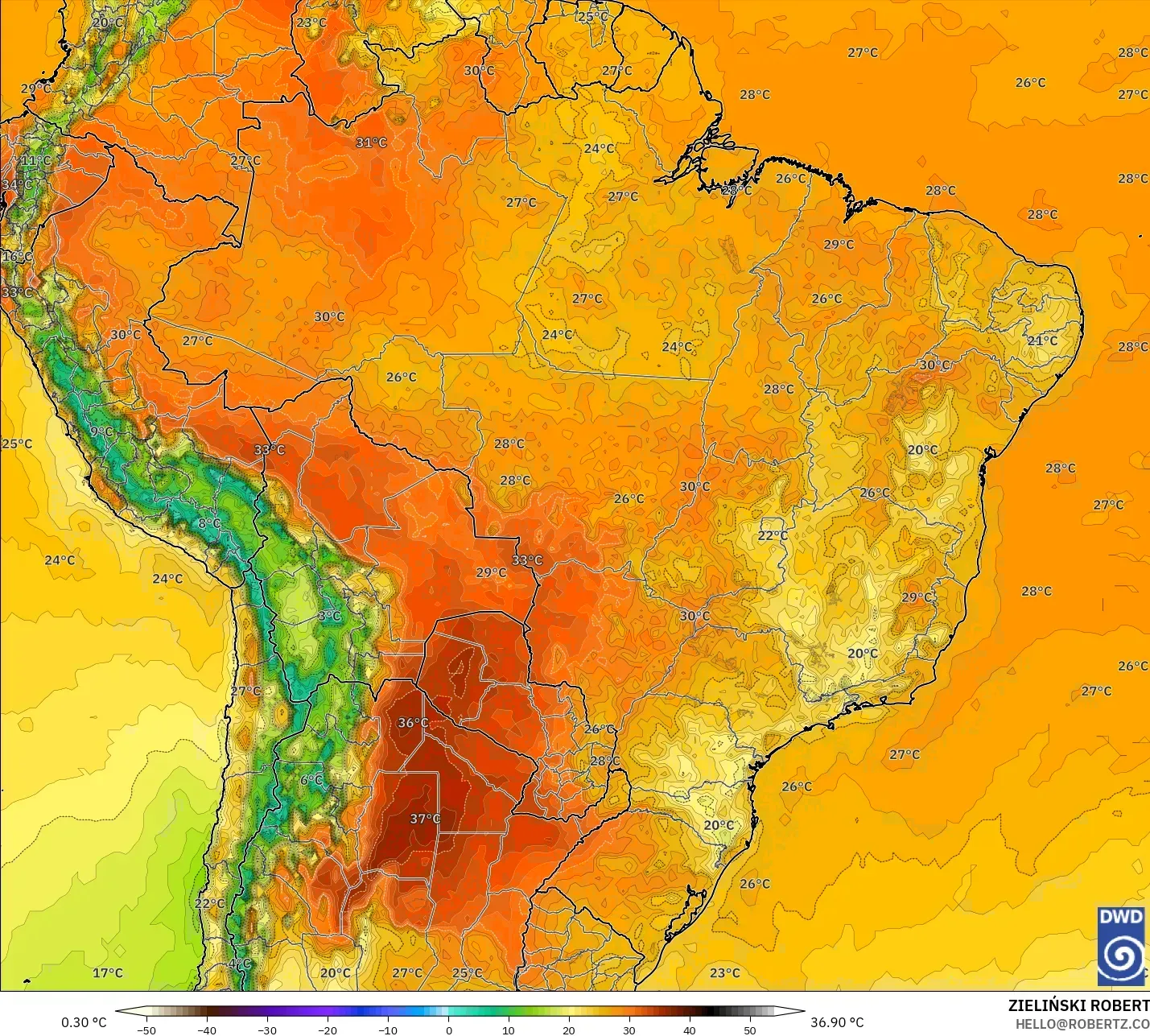 ICON modelo - Brasil, Temperatura a 2 m