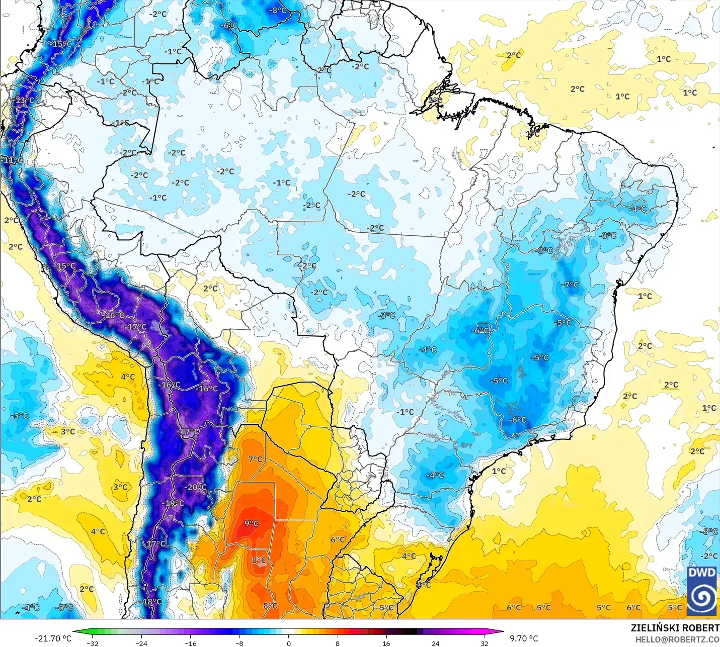 ICON modelo - Brasil, Anomalía de temperatura a 850 hPa