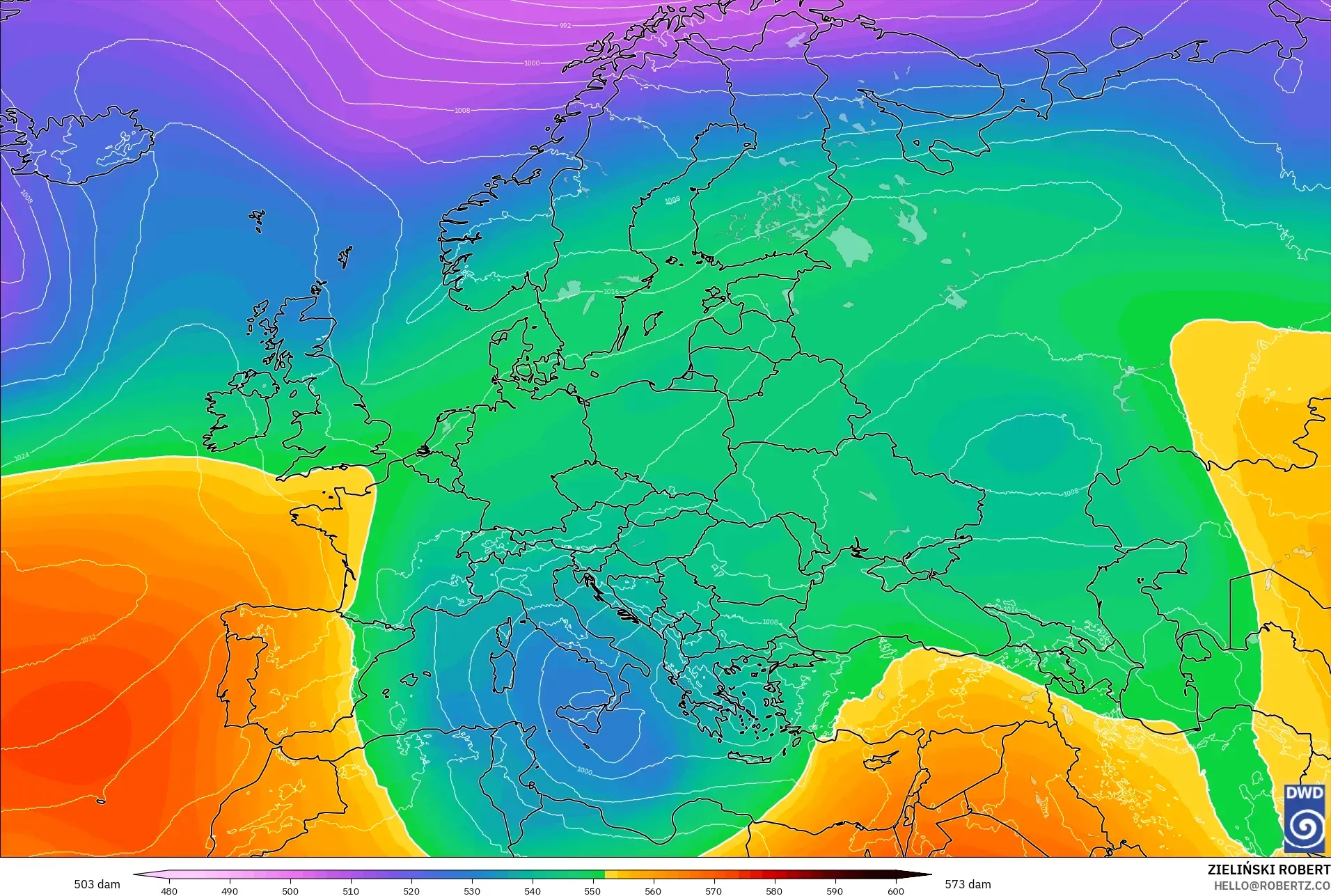ICON modelo - Europa, Altura geopotencial a 500 hPa