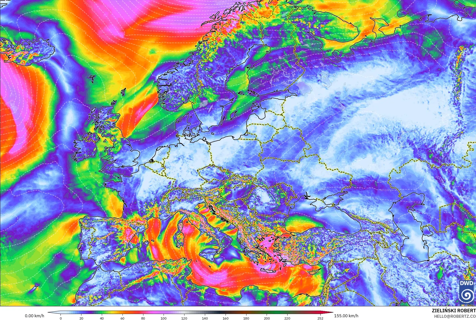 ICON modelo - Europa, Ráfagas de Viento Máximas