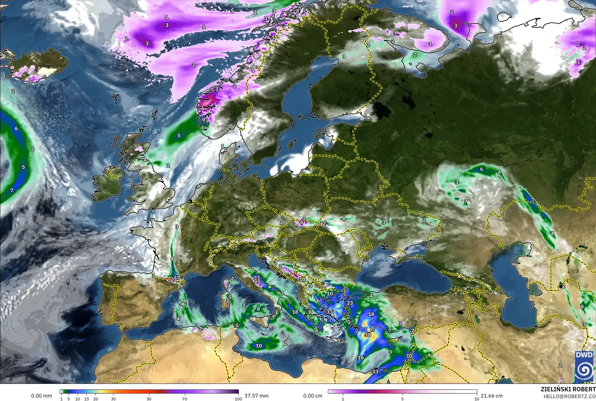 ICON modelo - Europa, Precipitación, nubes y presión