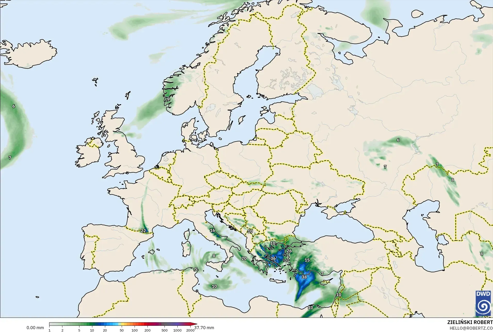 ICON modelo - Europa, Acumulación de precipitación