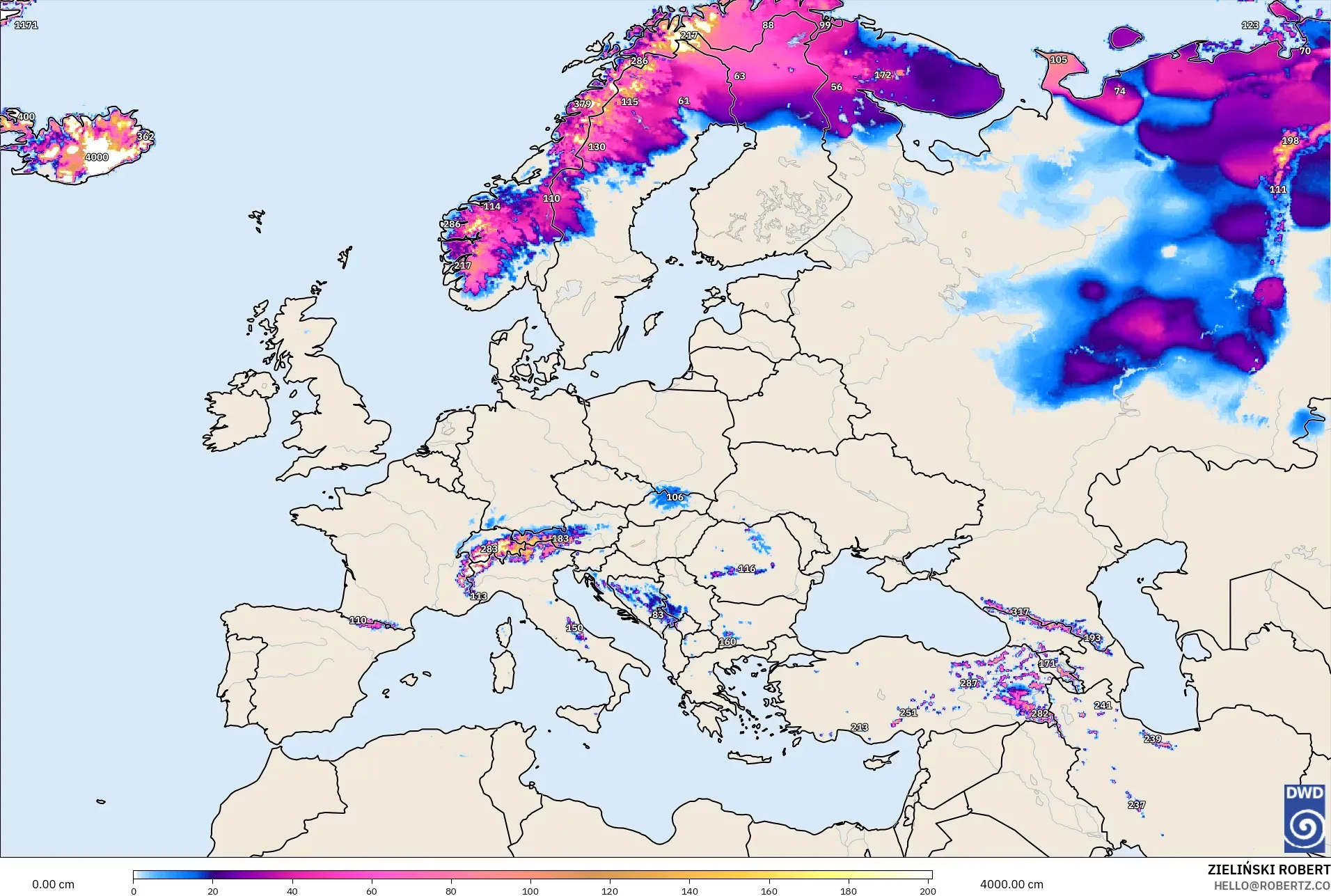 ICON modelo - Europa, Profundidad de nieve