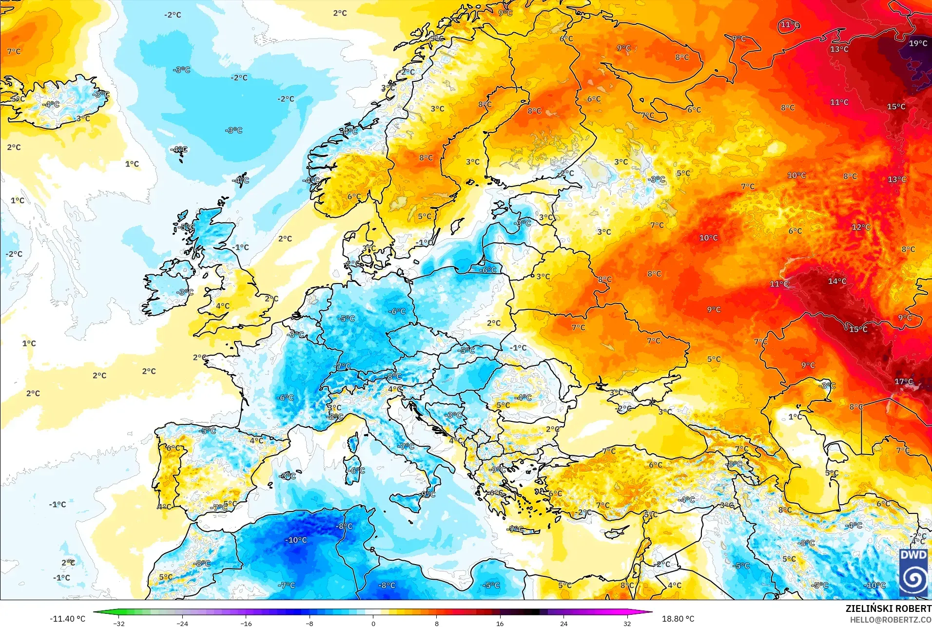 ICON modelo - Europa, Anomalía de temperatura a 2 m