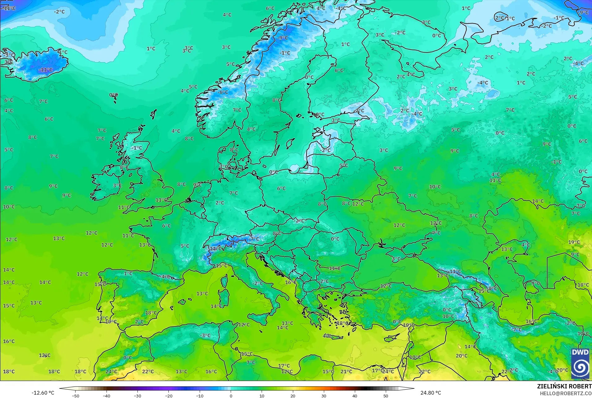 ICON modelo - Europa, Temperatura a 2 m