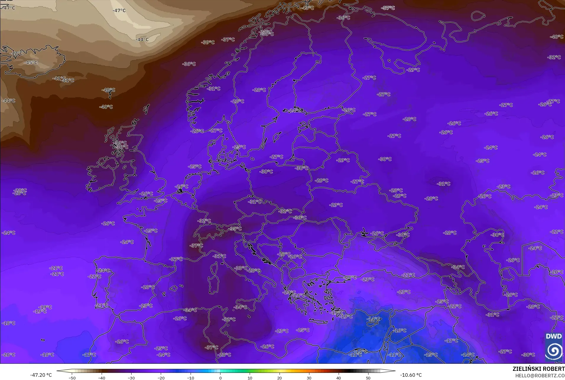 ICON modelo - Europa, Temperatura a 500 hPa