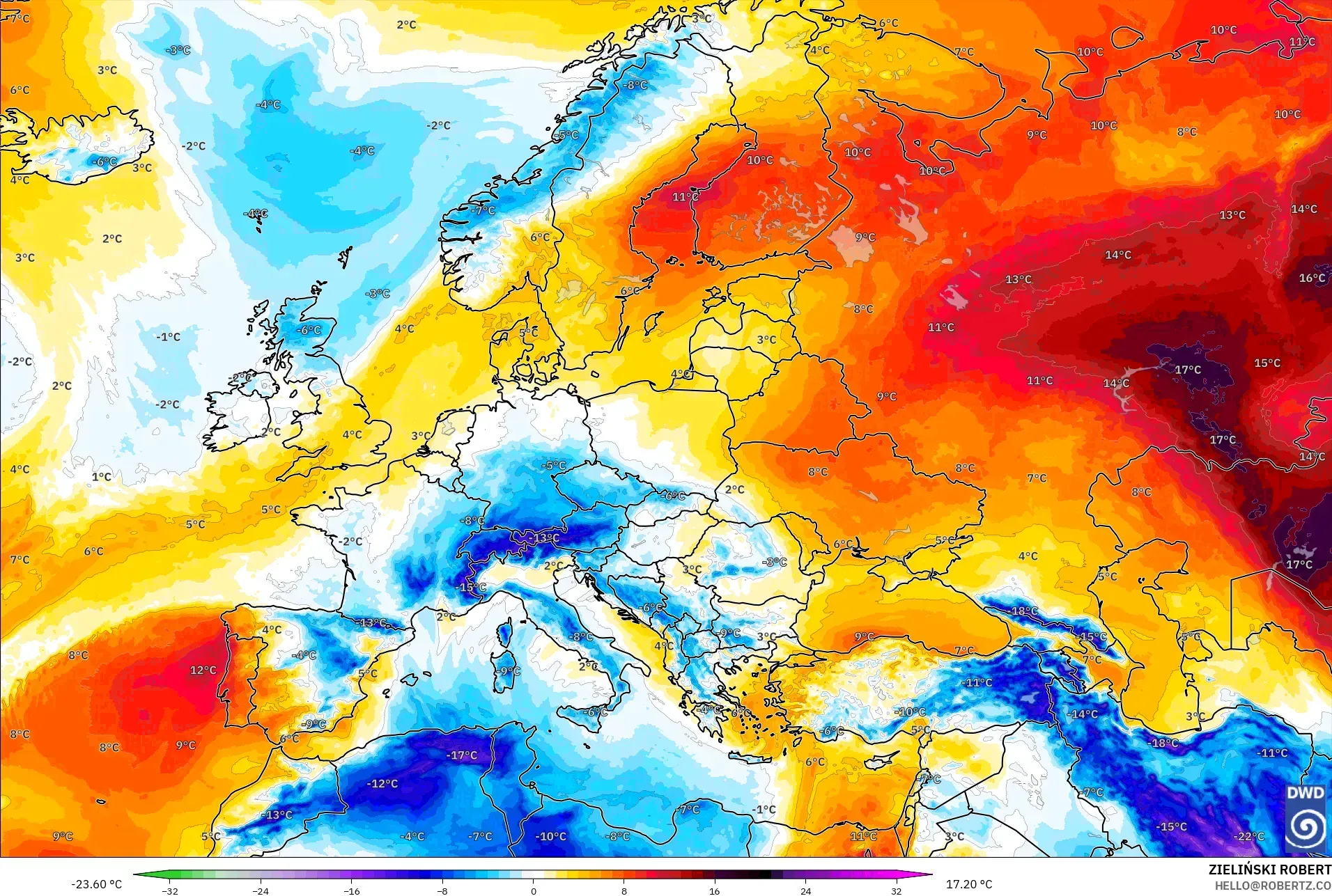ICON modelo - Europa, Anomalía de temperatura a 850 hPa