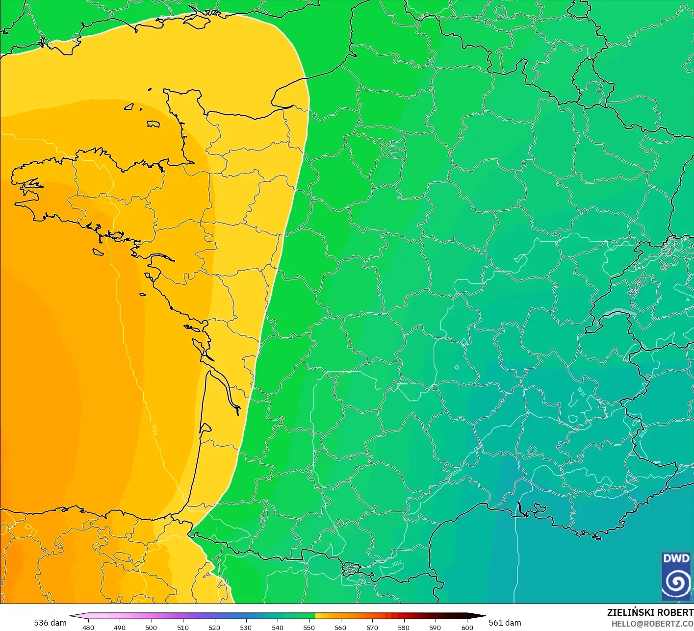 ICON modelo - Francia, Altura geopotencial a 500 hPa