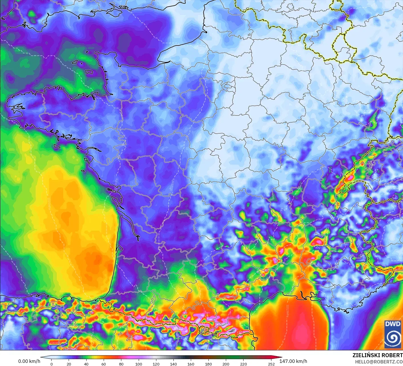 ICON modelo - Francia, Ráfagas de viento