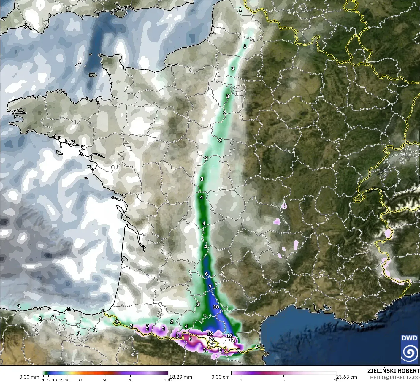 ICON modelo - Francia, Precipitación, nubes y presión