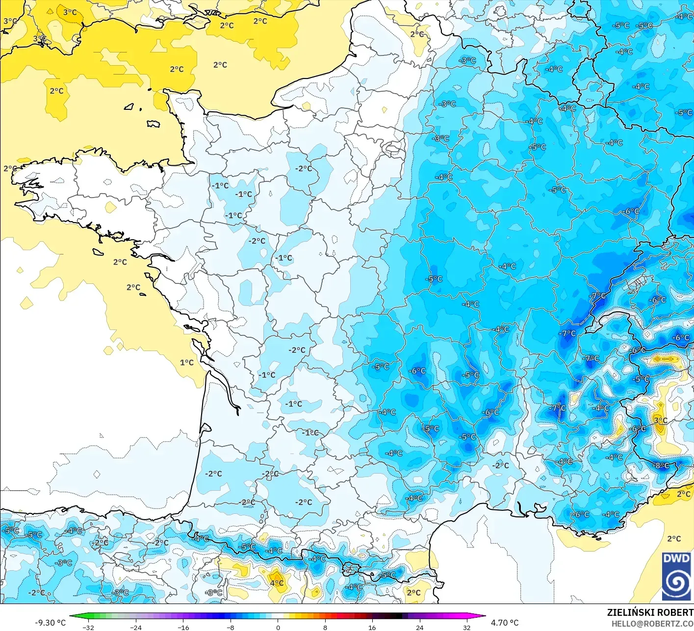 ICON modelo - Francia, Anomalía de temperatura a 2 m