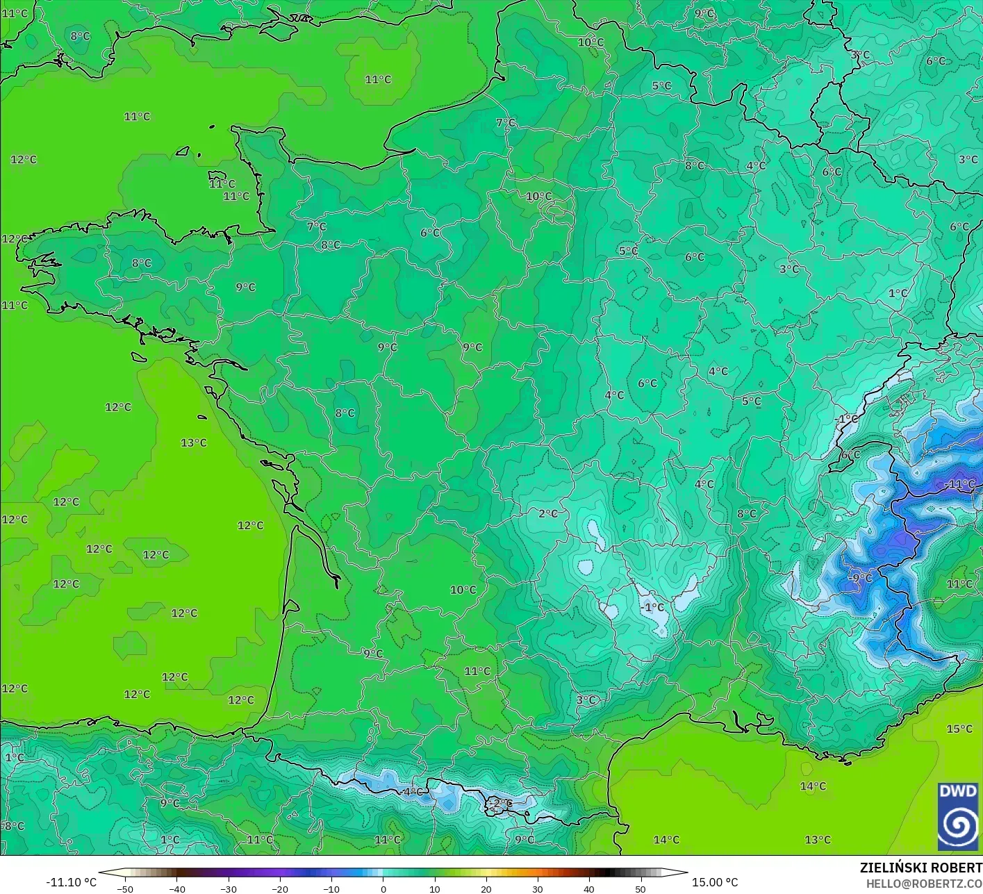ICON modelo - Francia, Temperatura a 2 m