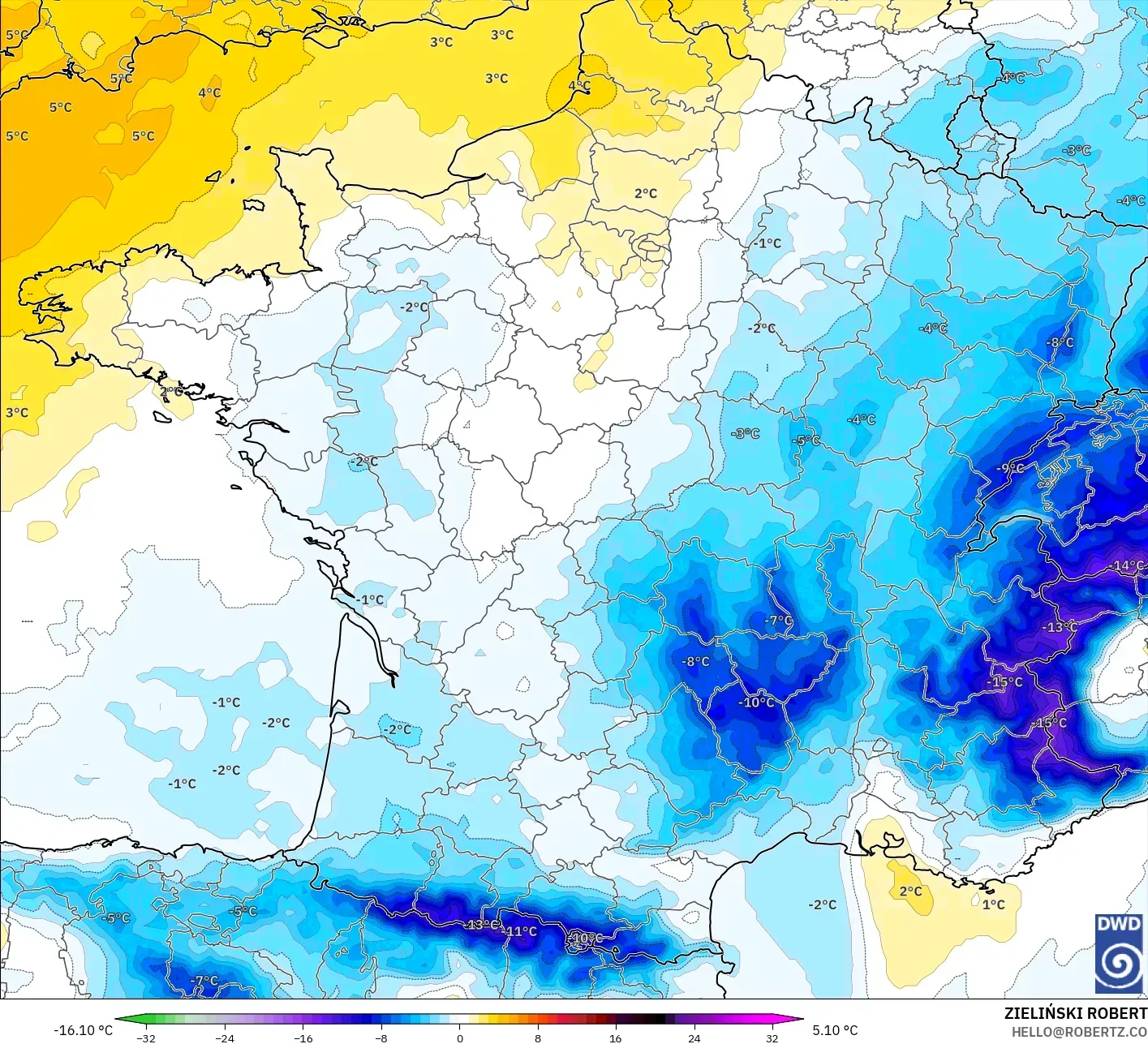 ICON modelo - Francia, Anomalía de temperatura a 850 hPa