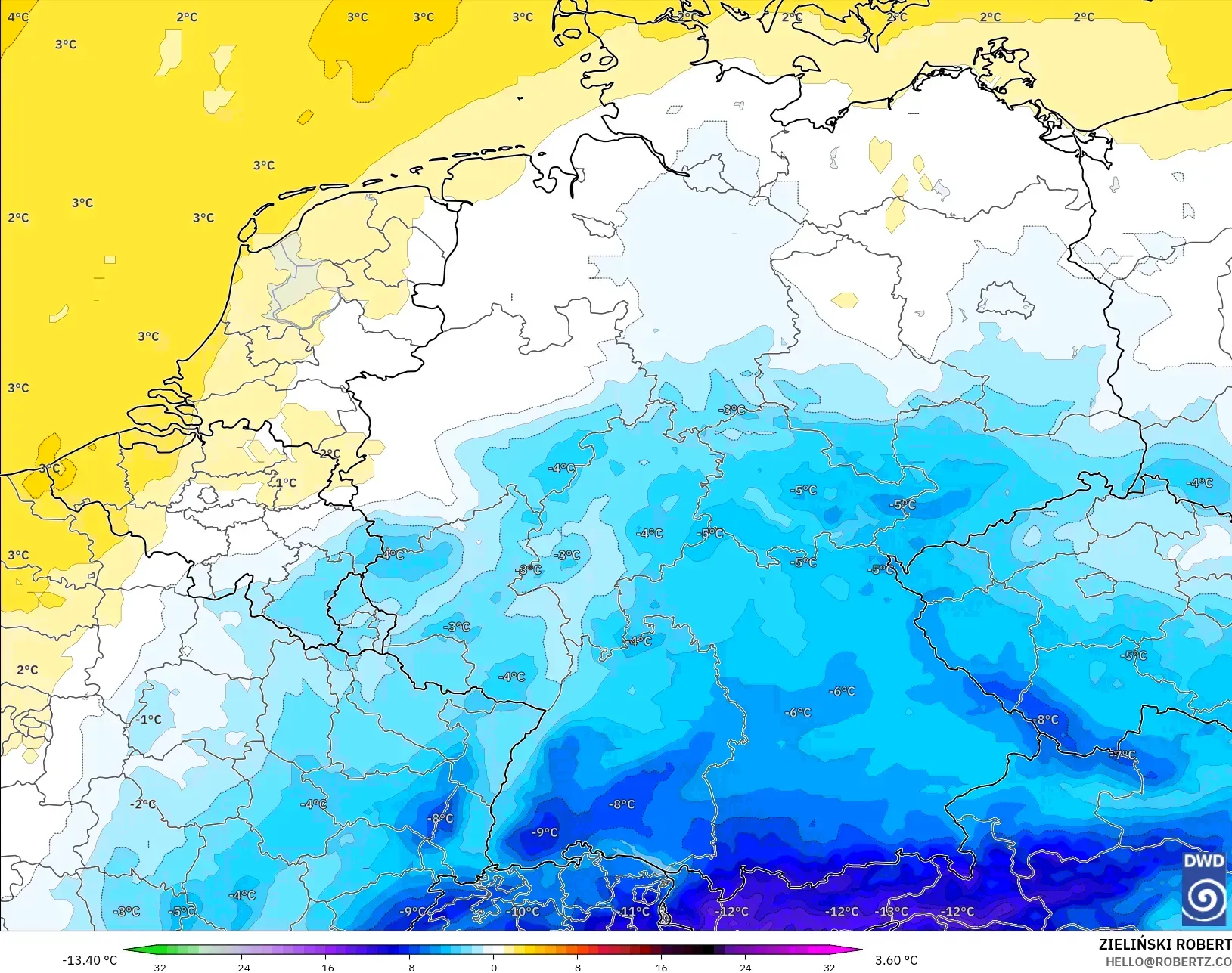 ICON modelo - Alemania, Anomalía de temperatura a 850 hPa