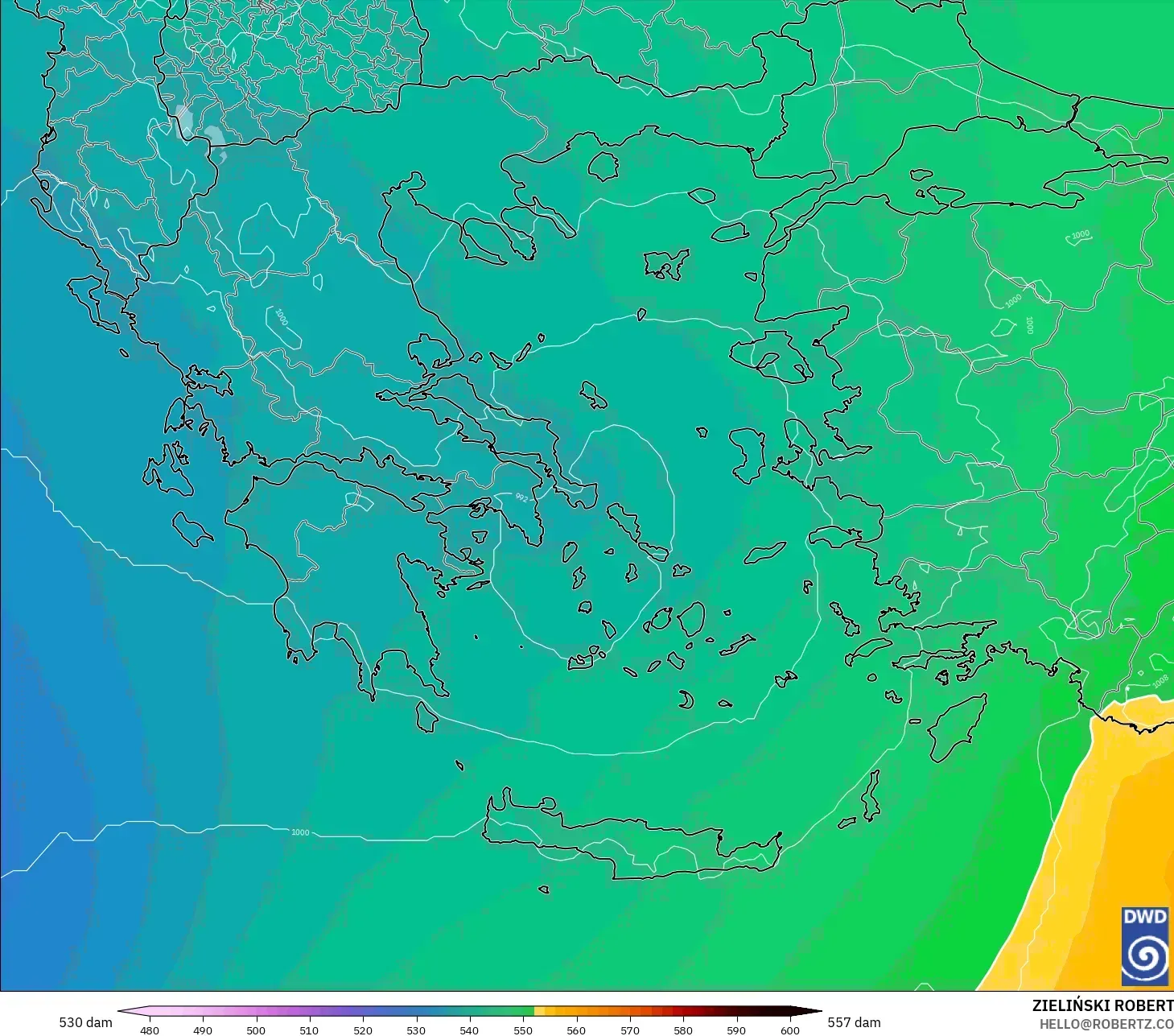 ICON modelo - Grecia, Altura geopotencial a 500 hPa