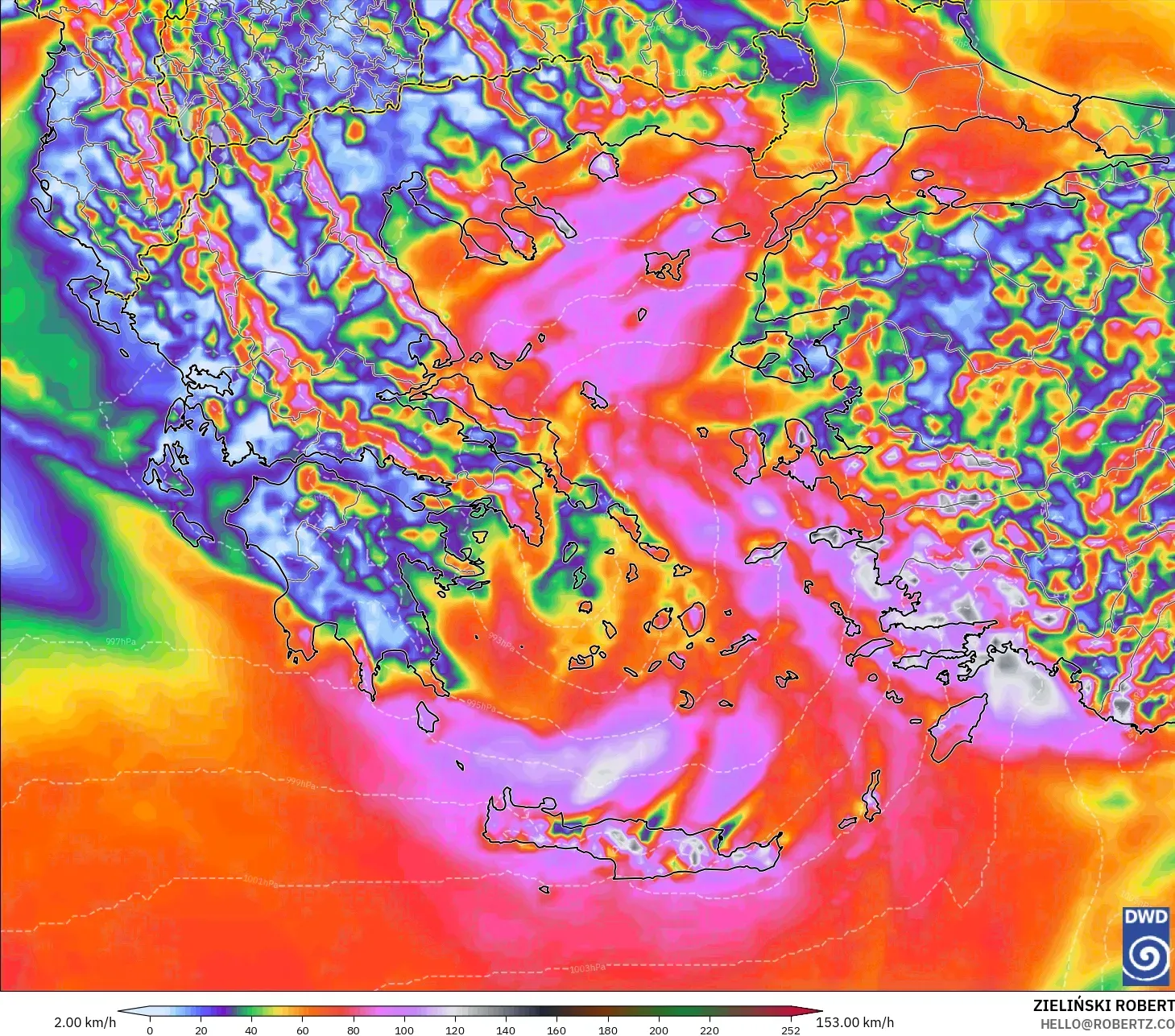 ICON modelo - Grecia, Ráfagas de viento