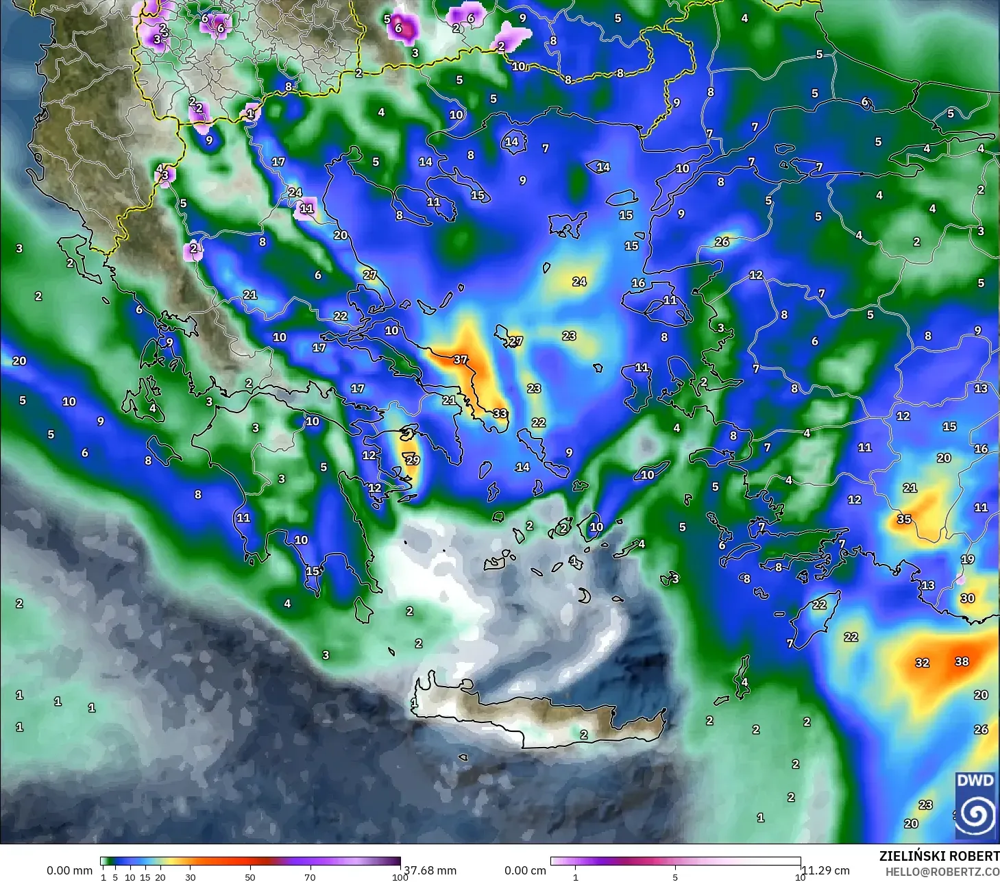 ICON modelo - Grecia, Precipitación, nubes y presión