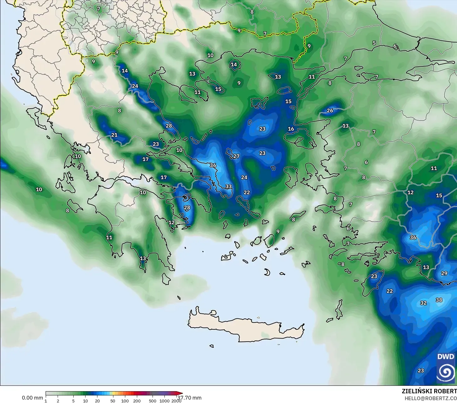 ICON modelo - Grecia, Acumulación de precipitación