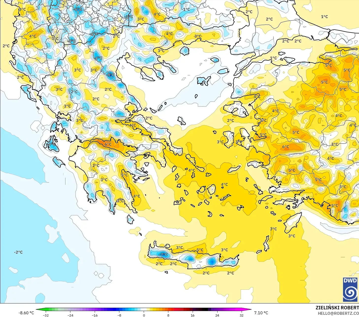 ICON modelo - Grecia, Anomalía de temperatura a 2 m
