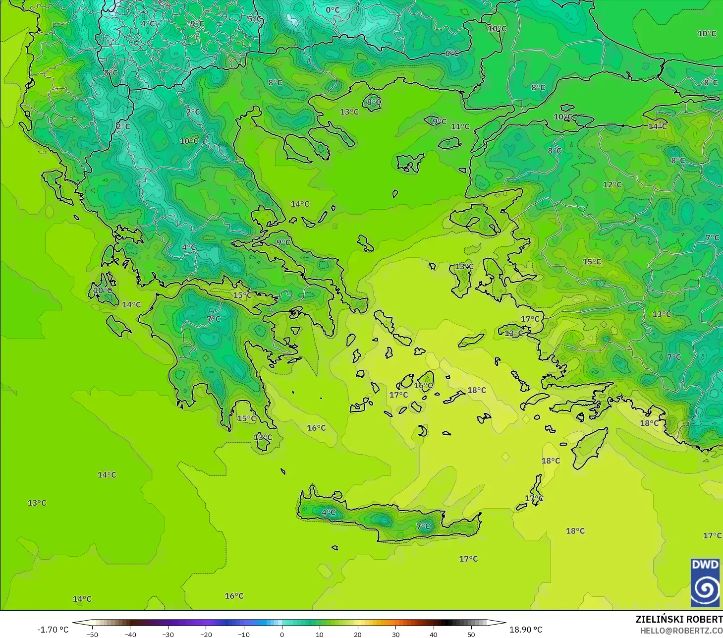 ICON modelo - Grecia, Temperatura a 2 m