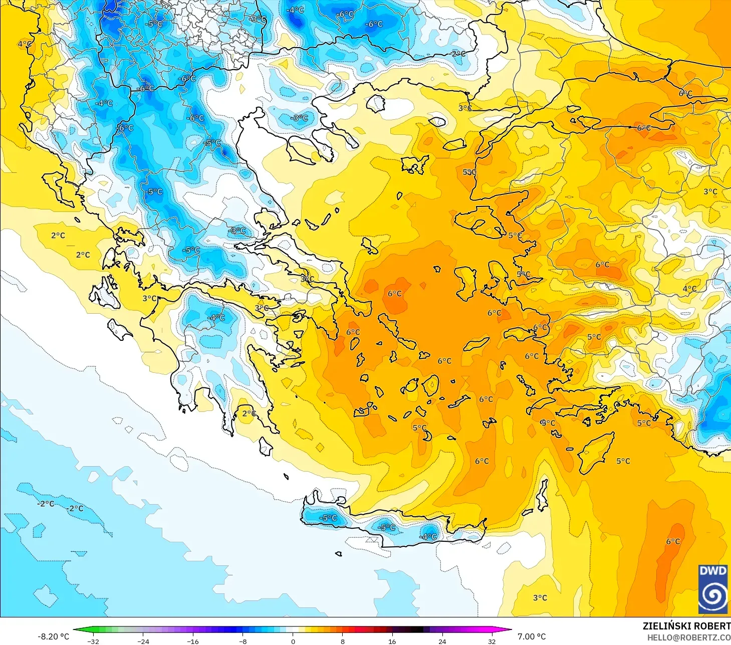 ICON modelo - Grecia, Anomalía de temperatura a 850 hPa