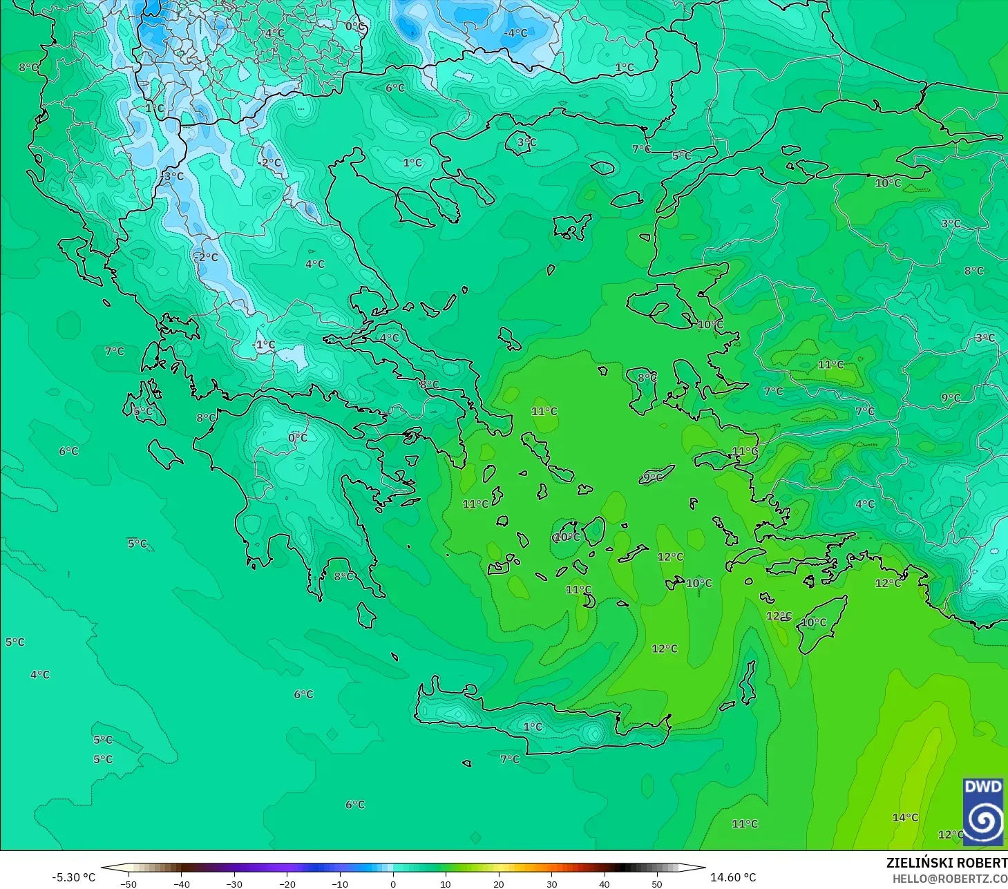 ICON modelo - Grecia, Temperatura a 850 hPa