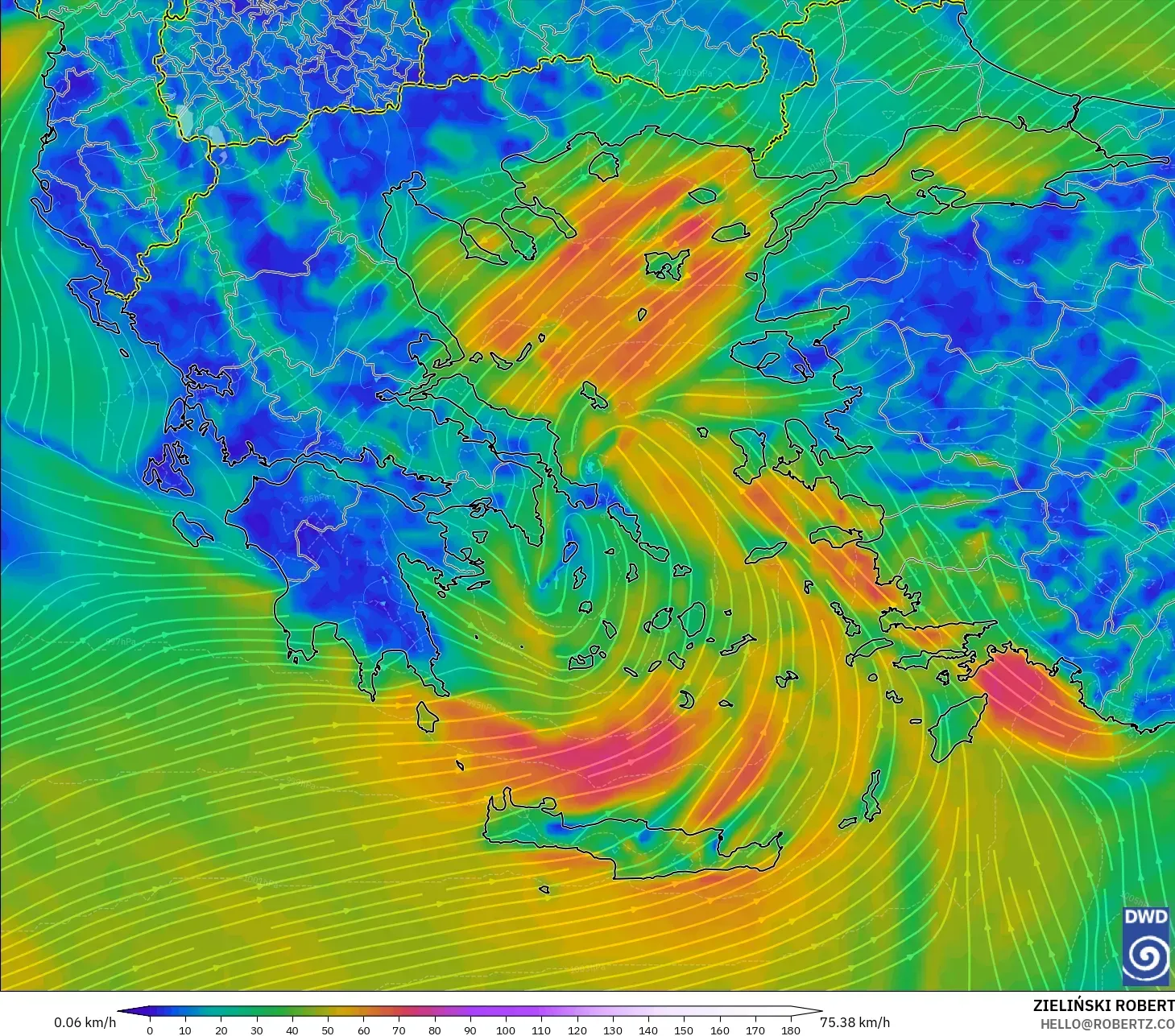 ICON modelo - Grecia, Viento a 10 m
