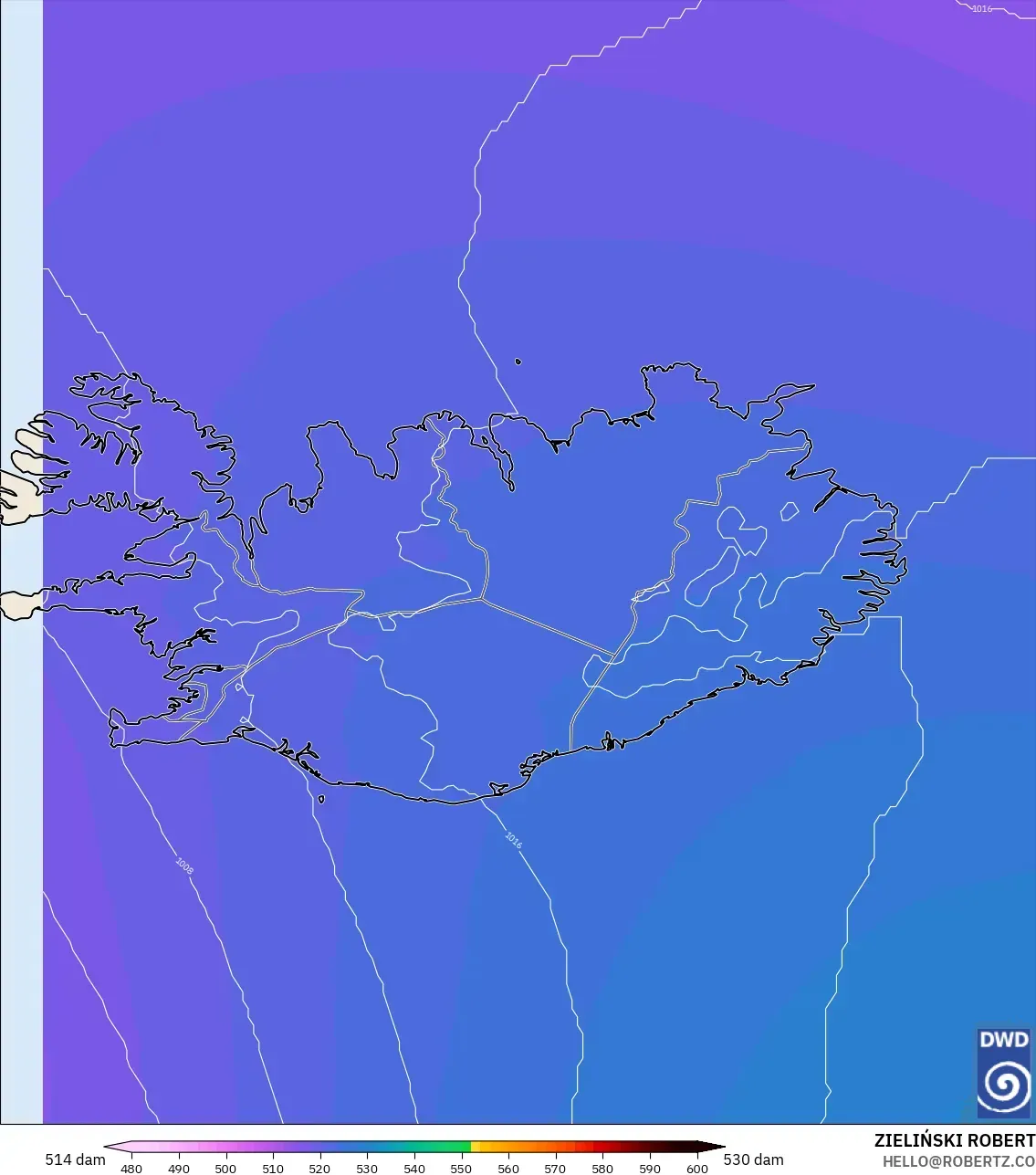 ICON modelo - Islandia, Altura geopotencial a 500 hPa