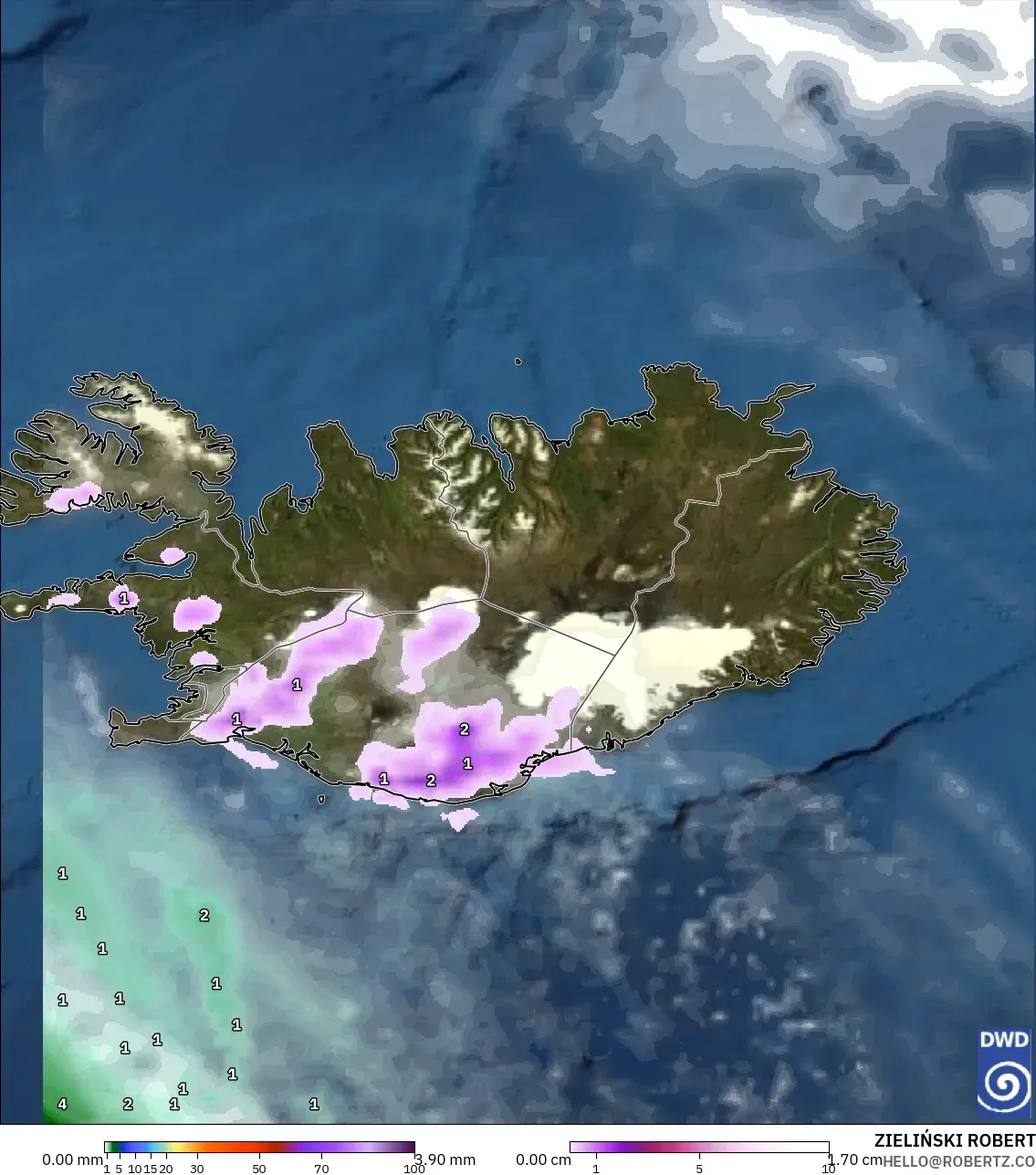 ICON modelo - Islandia, Precipitación, nubes y presión