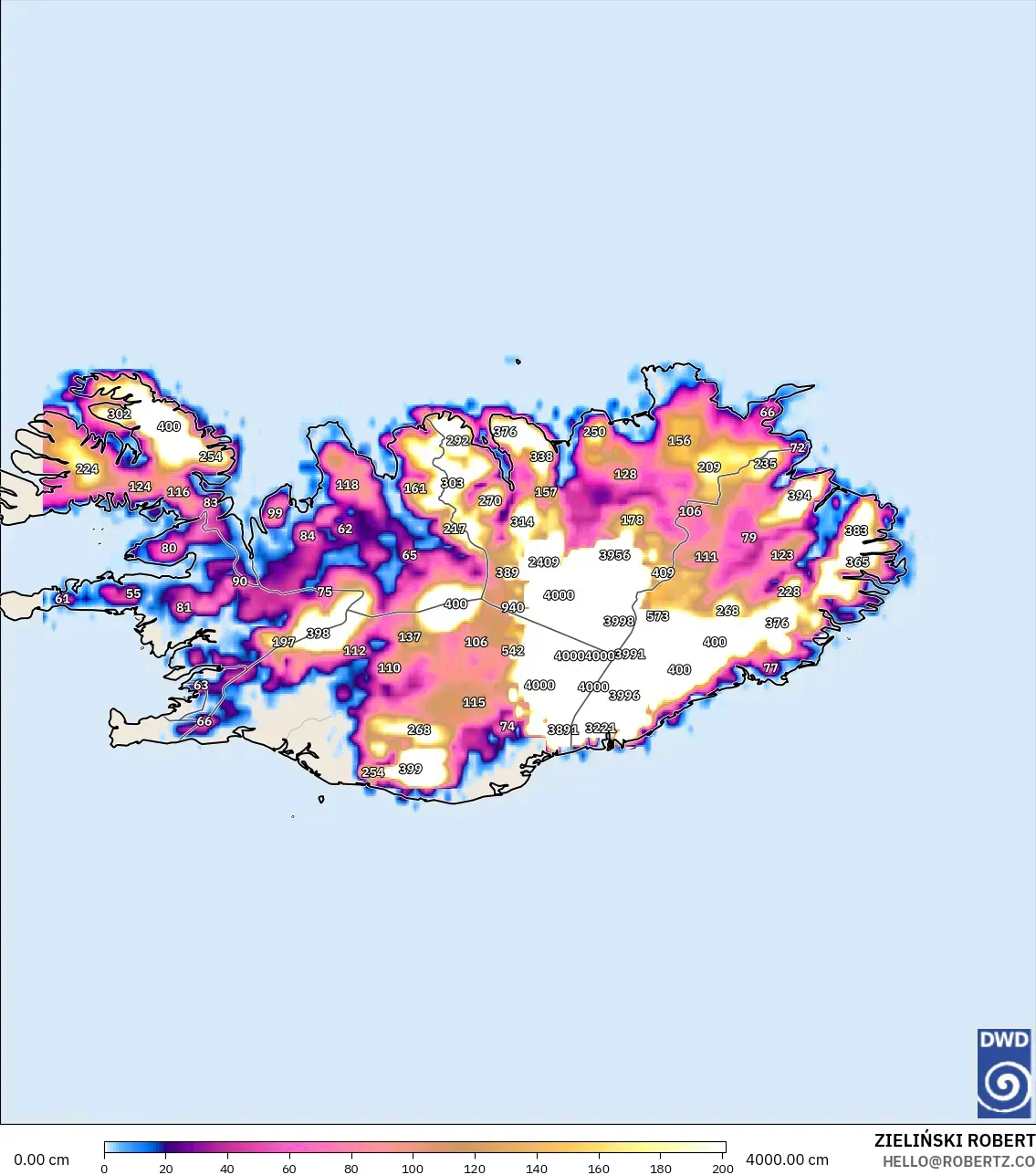 ICON modelo - Islandia, Profundidad de nieve