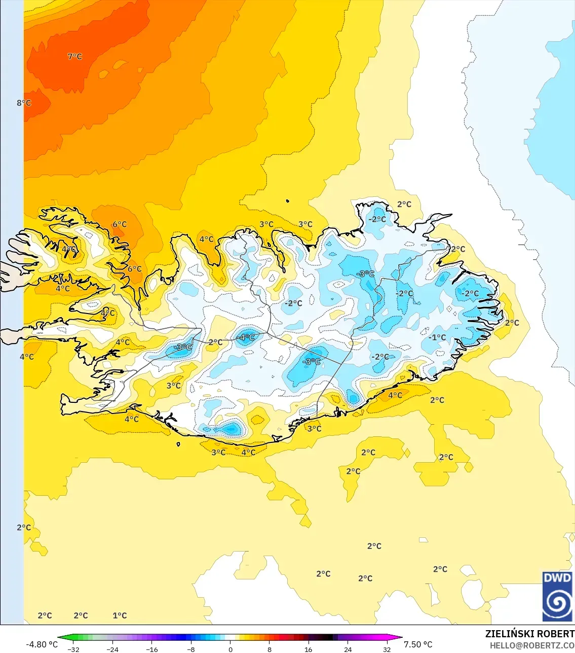 ICON modelo - Islandia, Anomalía de temperatura a 2 m