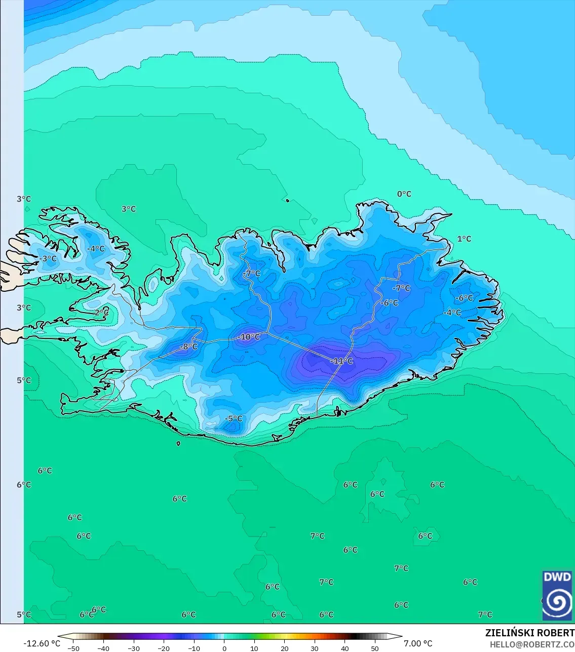 ICON modelo - Islandia, Temperatura a 2 m